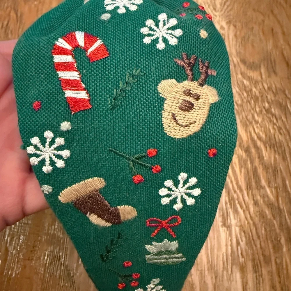 Festive Green Red Christmas Headband with Holiday Embroidery
